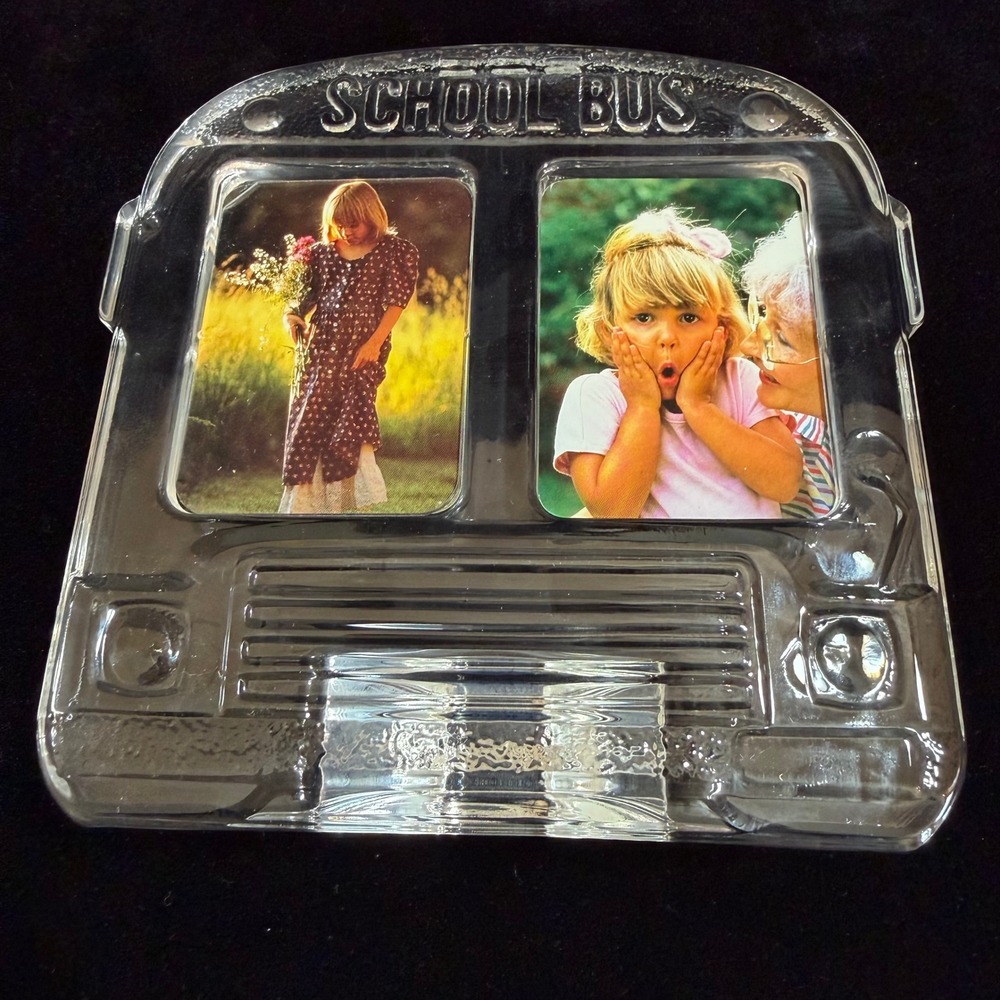 Vintage Studio Nova Clear Glass School Bus Picture Frame Double Photo w/Box